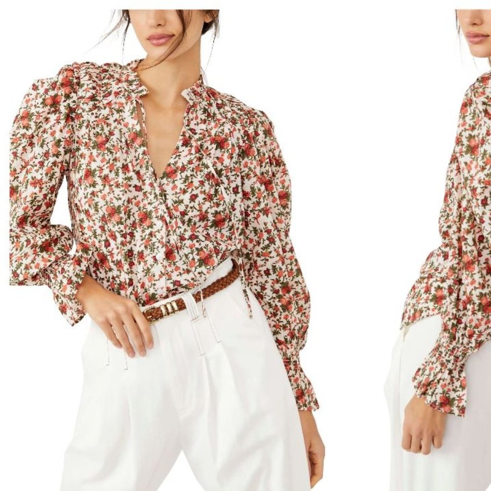 Free People Meant To Be Floral Cotton Blouse Tie Neck Peasant Vintage Look Sz S